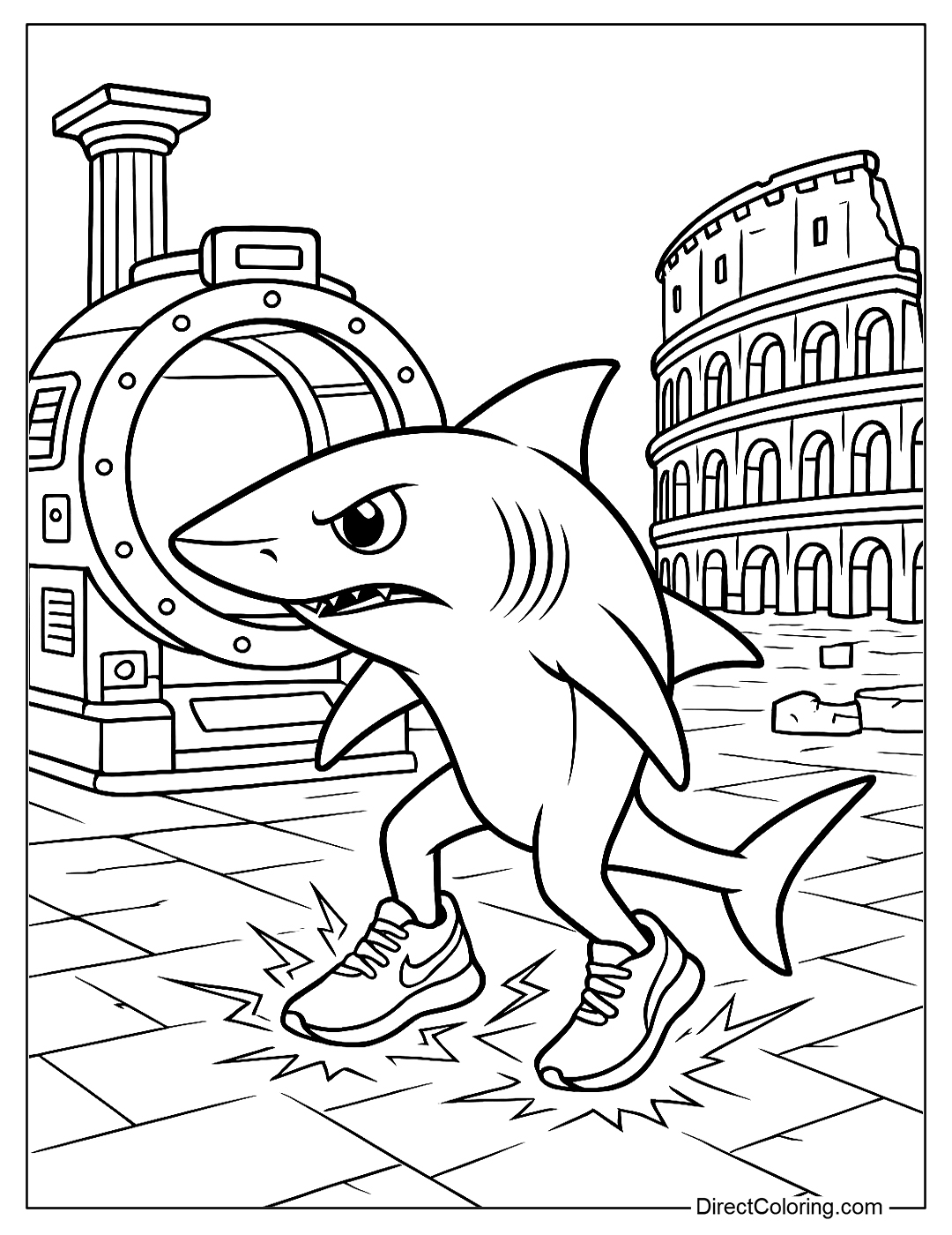 Tralalero Coloring Page comes out of the time machine, shoes glowing in the ancient Roman setting